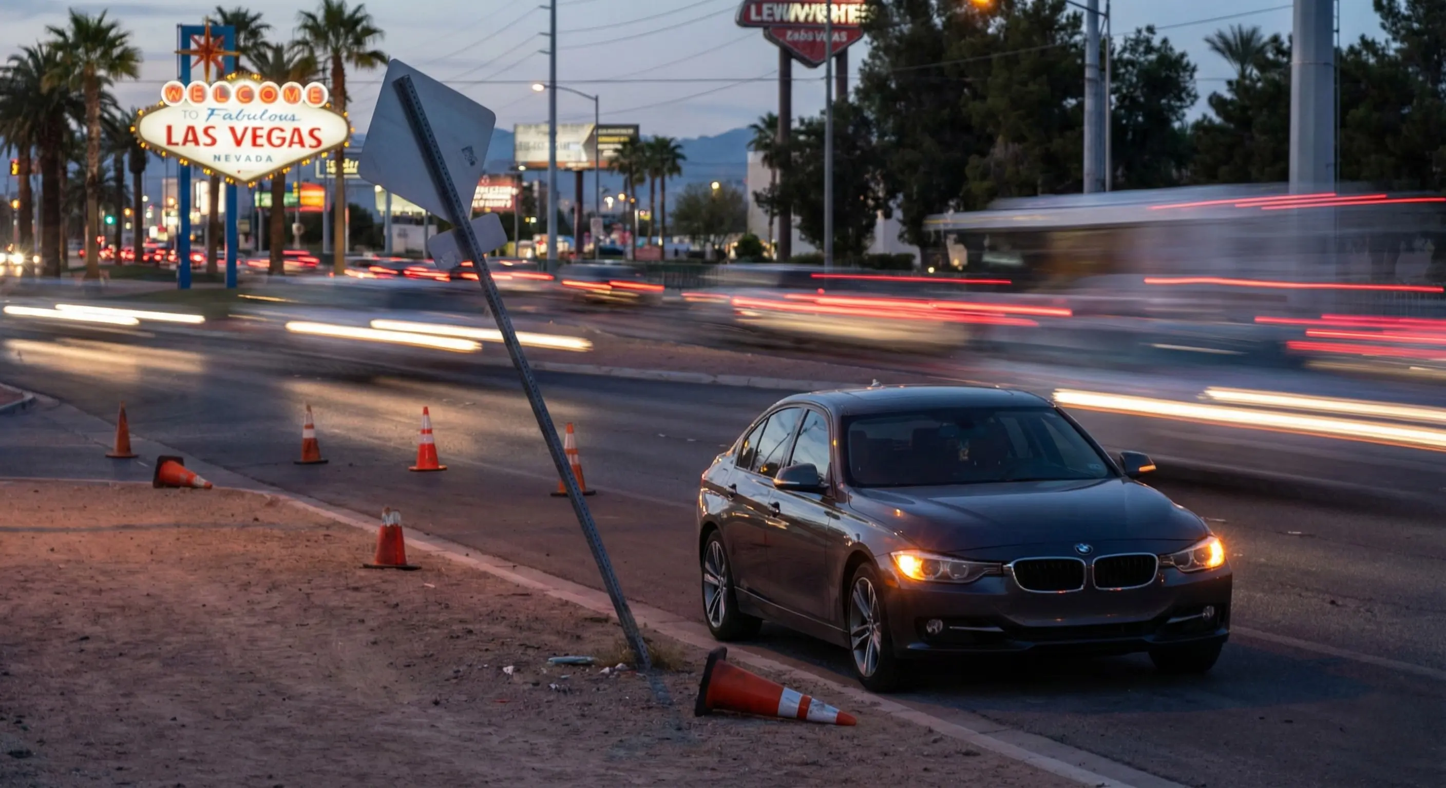 Accident scene near the Welcome to Las Vegas sign